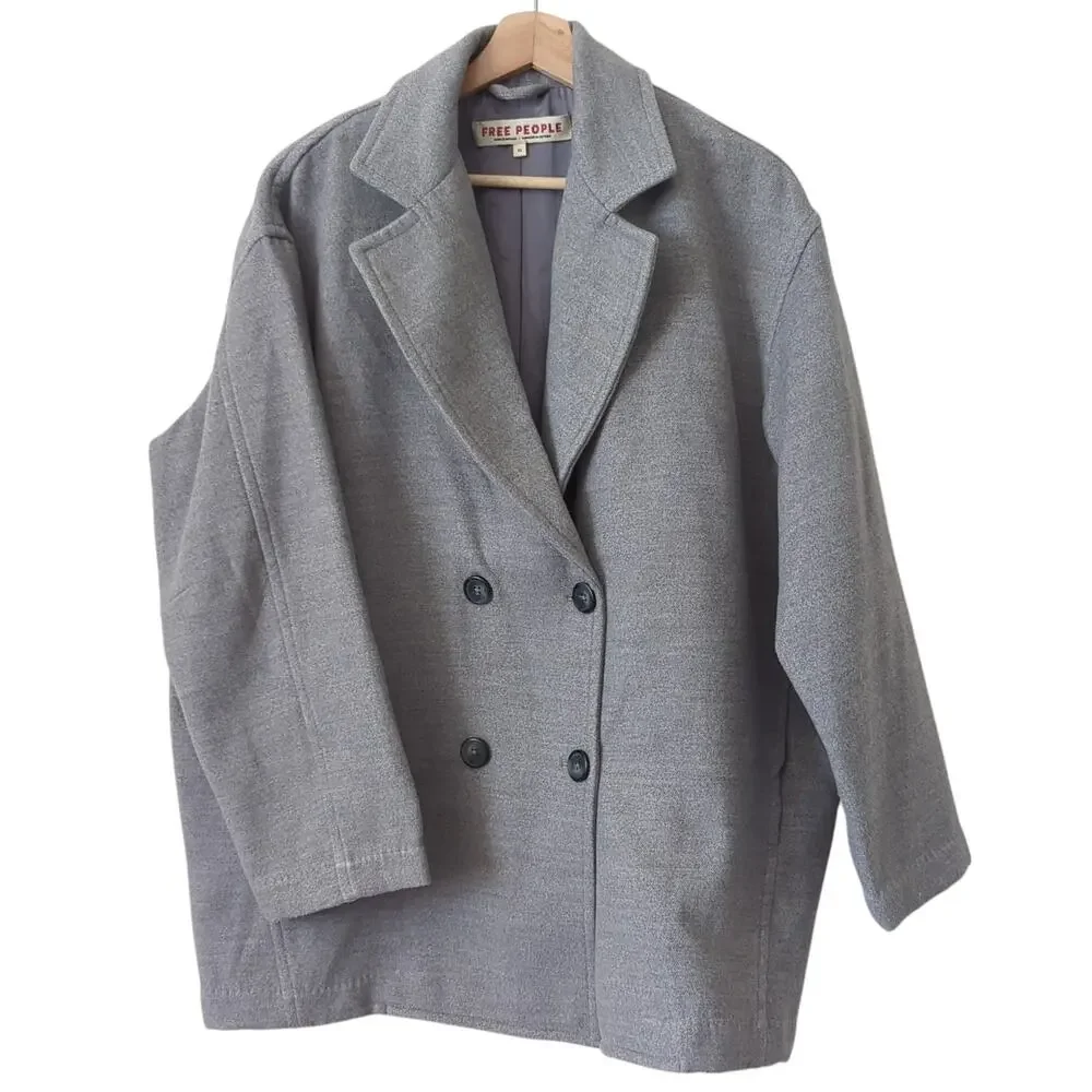 Free People Gray Hannah Slouchy Blazer Jacket‎ Double Breasted Coat Oversize XS